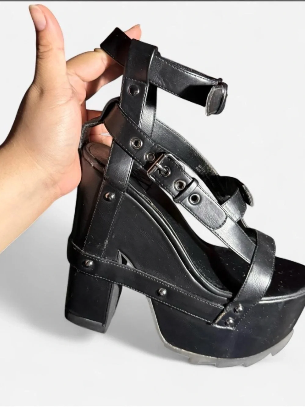 YRU Nightcall platforms heels. Adjustable ankle straps/ buckles.